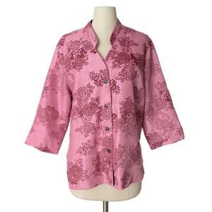 Vintage Naturally Yours Honolulu XL Button Front Top Blouse Pink Mandarin Collar
